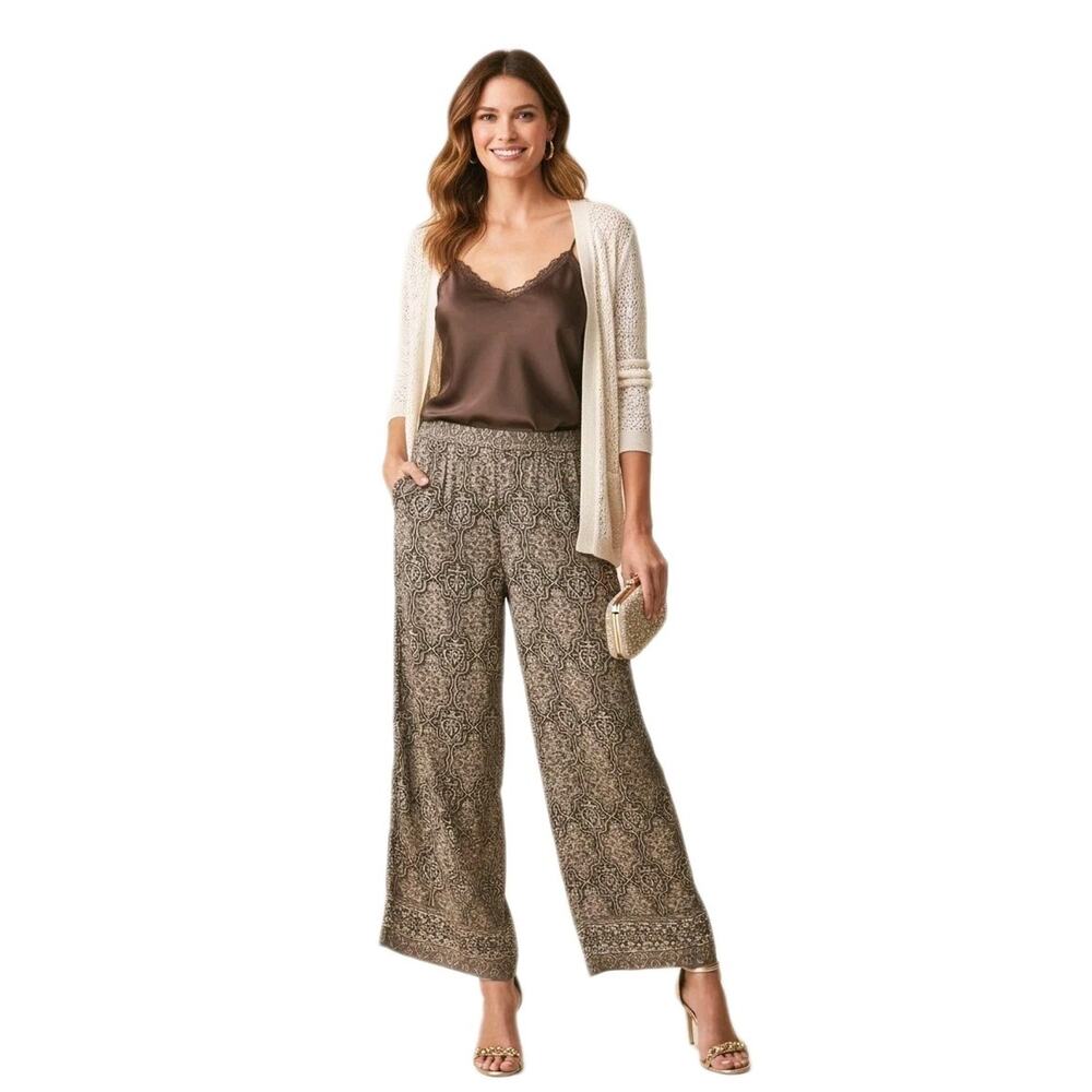 Luxury 100% SILK Palazzo Pants Sz L Tan Tribal WIDE LEG Lagenlook Artsy Flowy